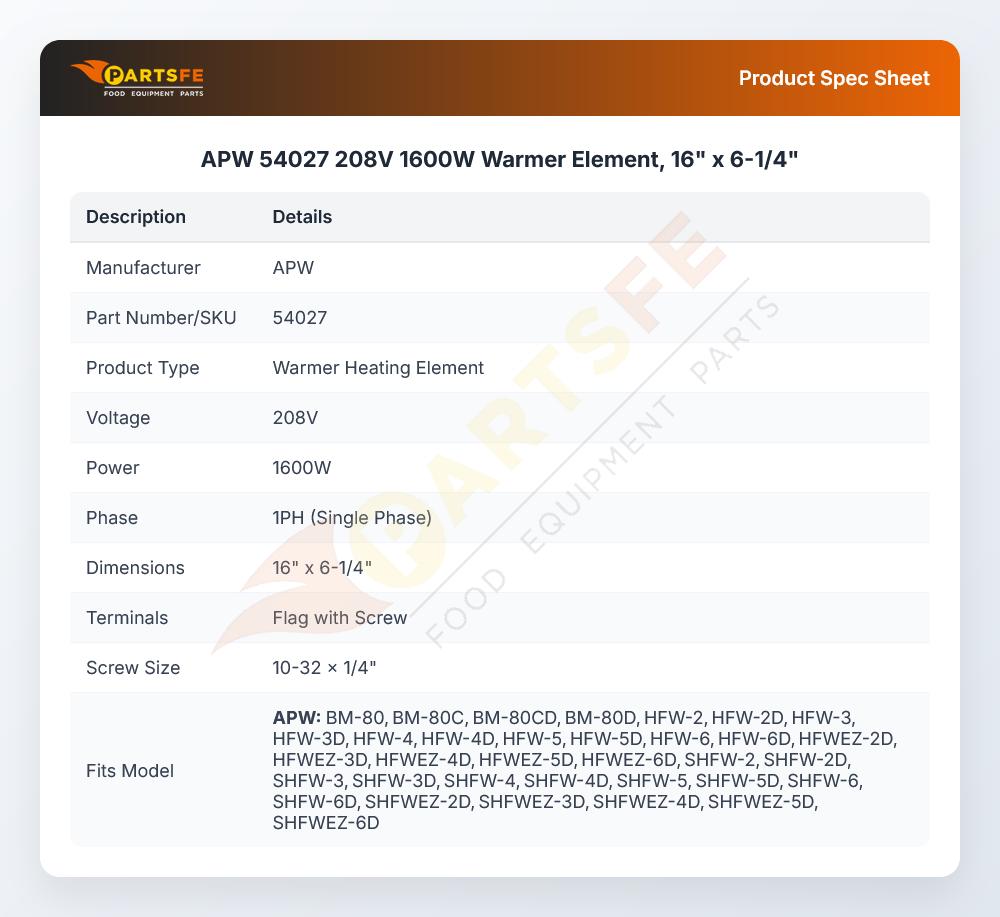 APW 54027 208V 1600W Warmer Element, 16" x 6-1/4"