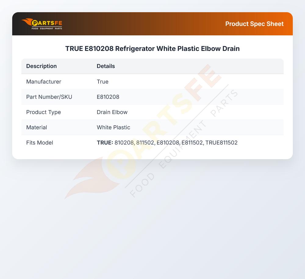 TRUE E810208 Refrigerator White Plastic Elbow Drain