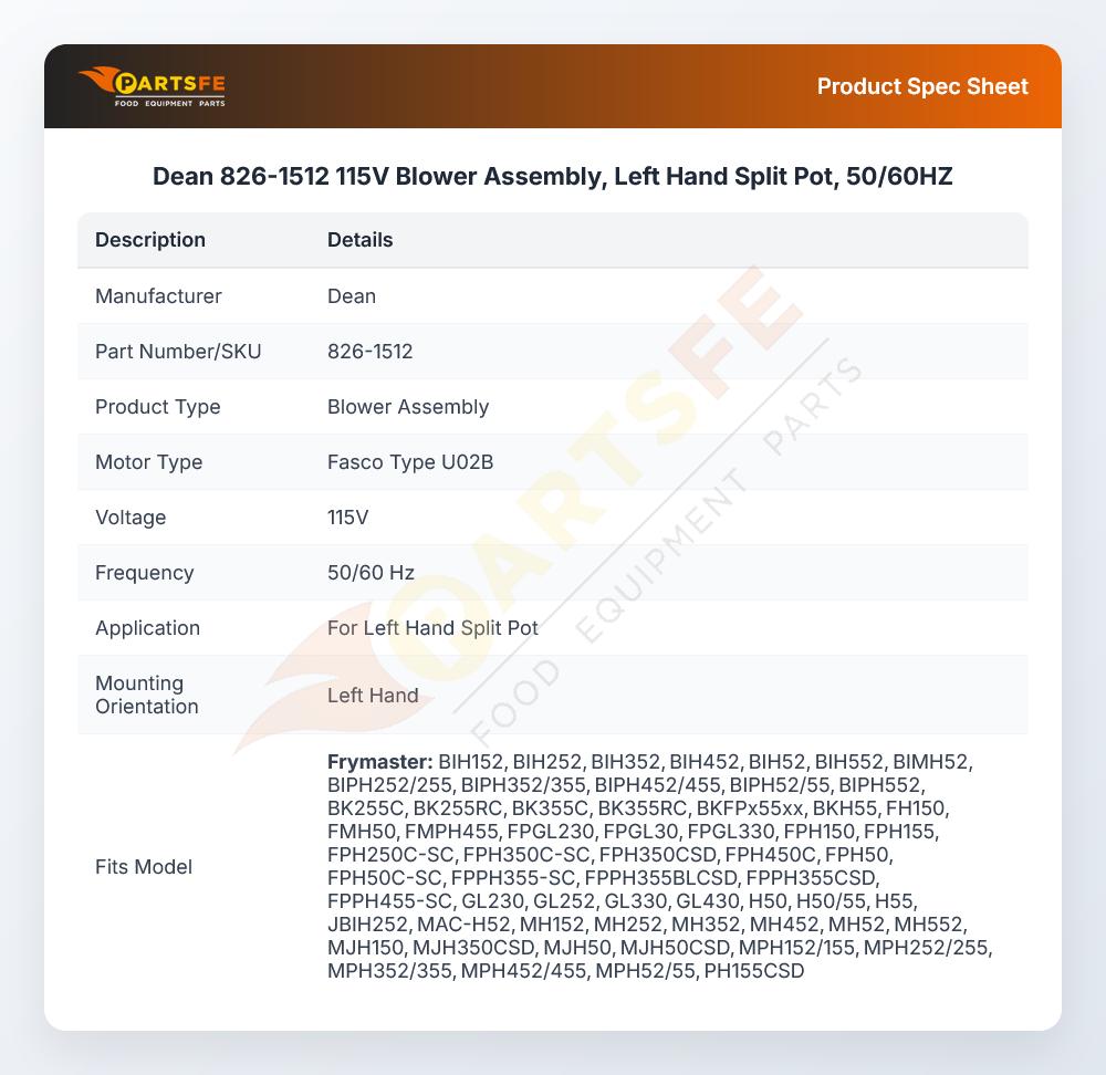 Dean 826-1512 Blower Assembly Left Hand 115V