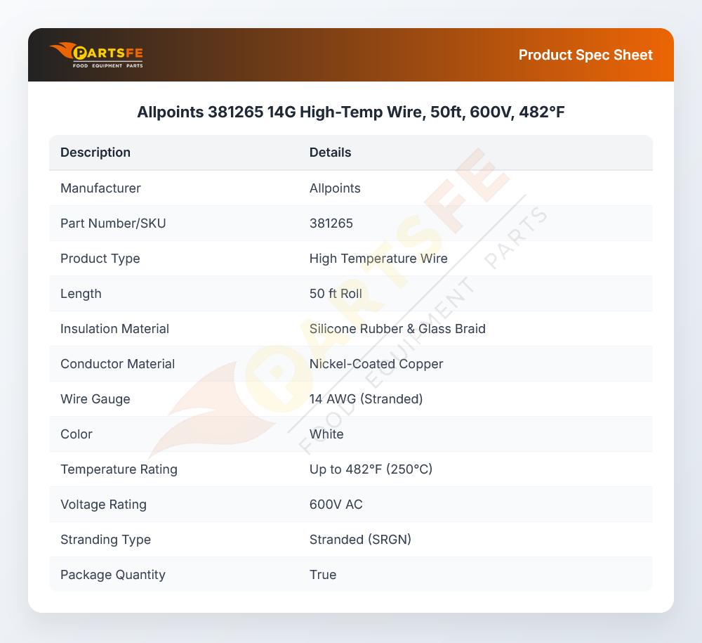 Allpoints 381265 14G High-Temp Wire, 50ft, 600V, 482&deg;F