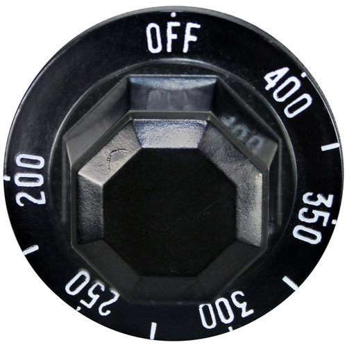 Hobart 00-408659-00002 Black Thermostat Knob W/White Printed Numbers, 2" DIA, OFF-400-200F, Mount .187", Flat Down