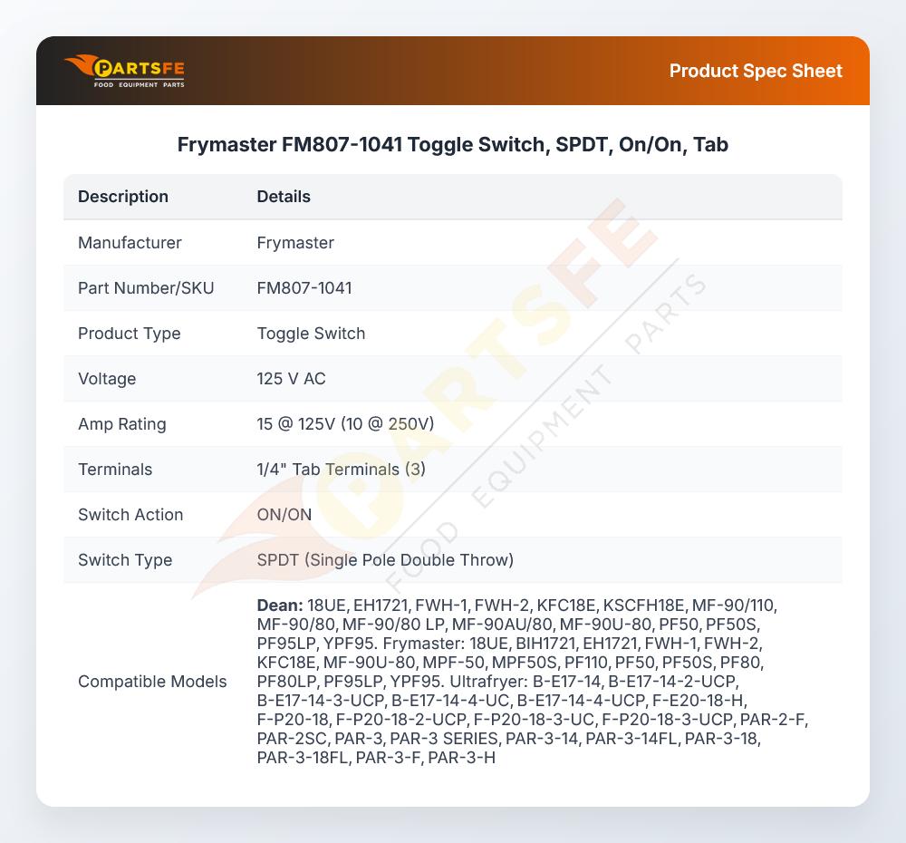 Frymaster FM807-1041 Toggle Switch, SPDT, On/On, Tab