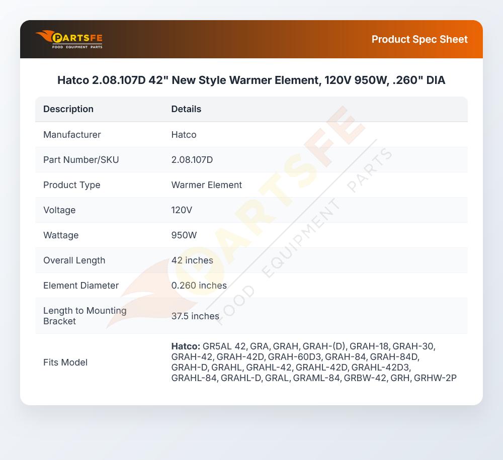 Hatco 2.08.107D 42" New Style Warmer Element, 120V 950W, .260" DIA