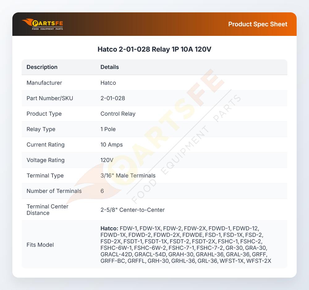 Hatco 2-01-028 Relay 1P 10A 120V