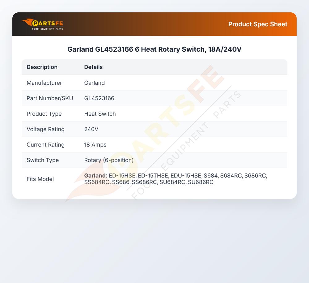 Garland GL4523166 6 Heat Rotary Switch, 18A/240V