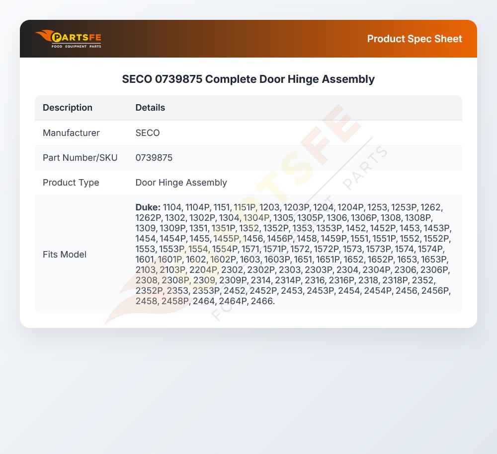 SECO 0739875 Complete Door Hinge Assembly