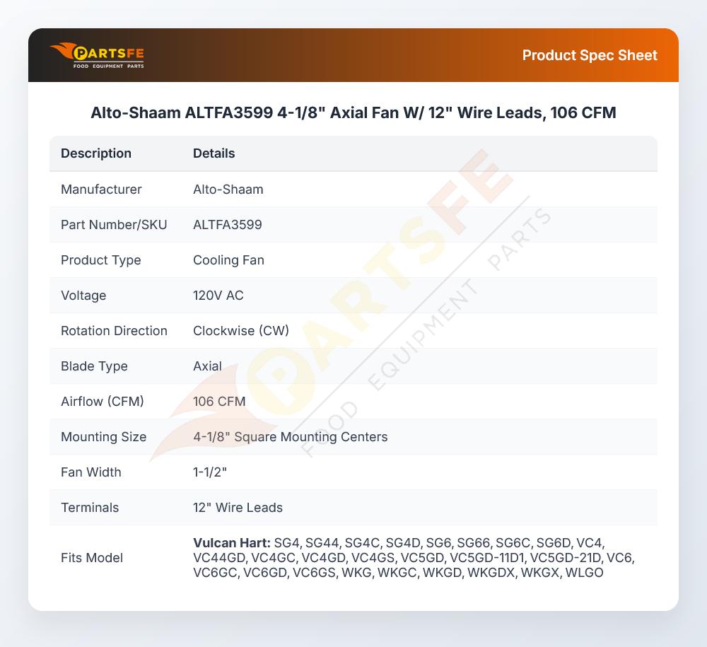 Alto-Shaam ALTFA3599 Axial Fan 4-1/8" W/12" Wire Leads 106 CFM