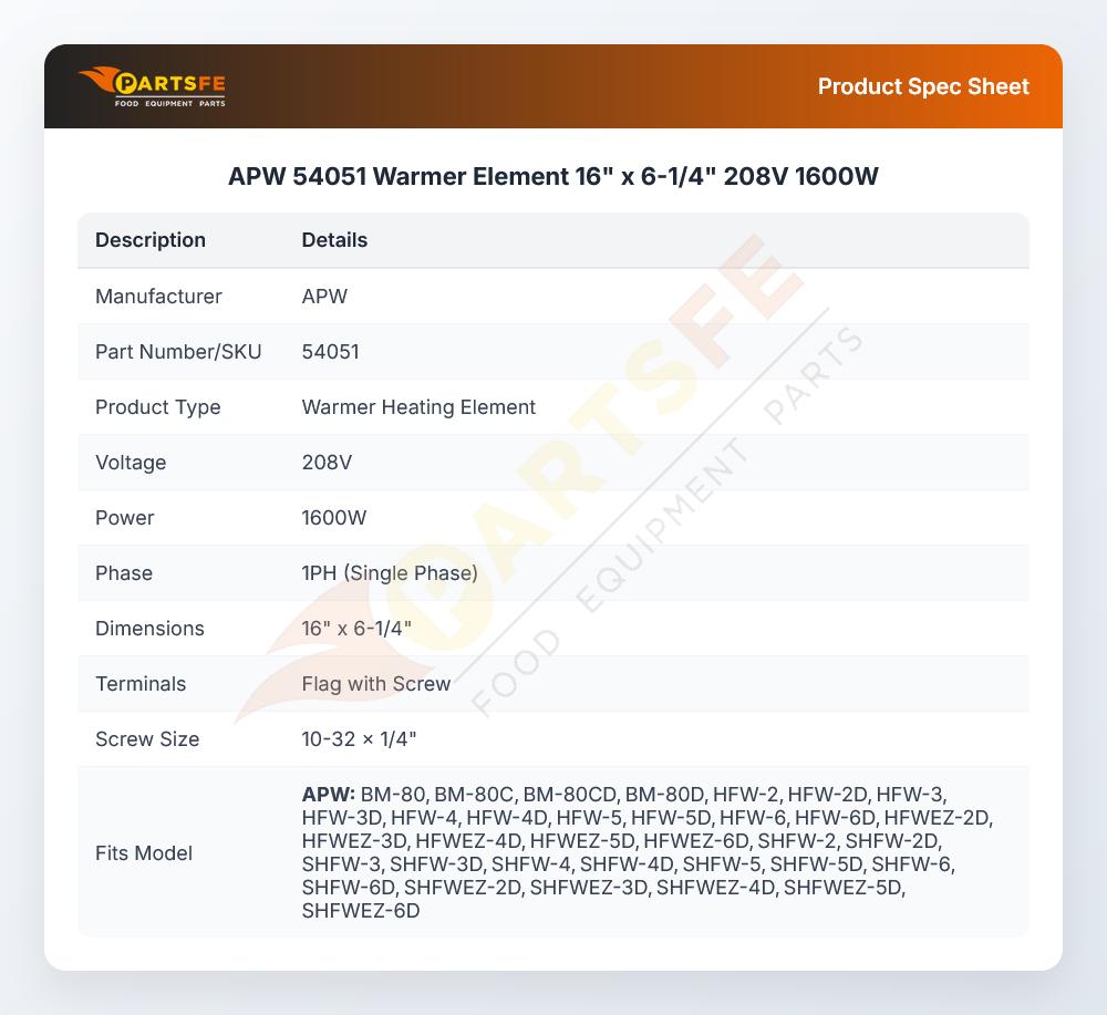 APW 54051 Warmer Element 16" x 6-1/4" 208V 1600W